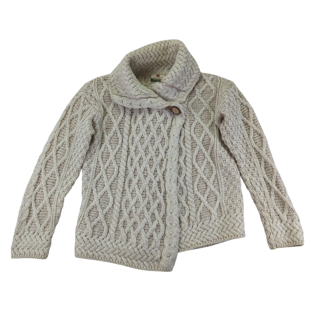 Carraig Donn Cable Knit Merino Shawl Collar Medium Cardigan‎ Sweater Ireland Tan
